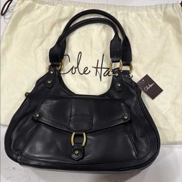 NWT!! Cole Haan Black Leather Shoulder Bag with Metallic Closure - Picture 1 of 7
